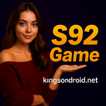 A confident young woman in a maroon outfit presenting the text “S92 Game” with “kingsdroid.net” written below on a dark background.