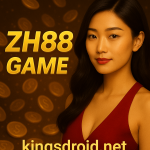 A confident woman in a red outfit beside glowing golden coins and bold ZH88 Game text on a dark background.