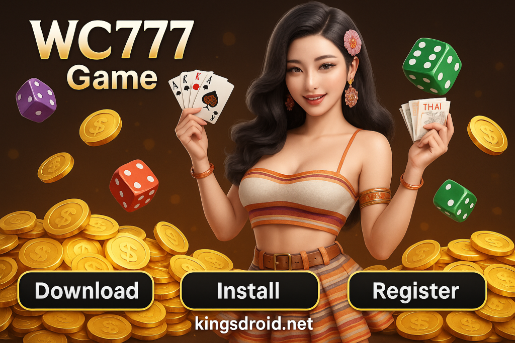 WC777 Game Download Install Register Banner Featuring Woman With Cards, Dice, and Gold Coins on KingsDroid.net