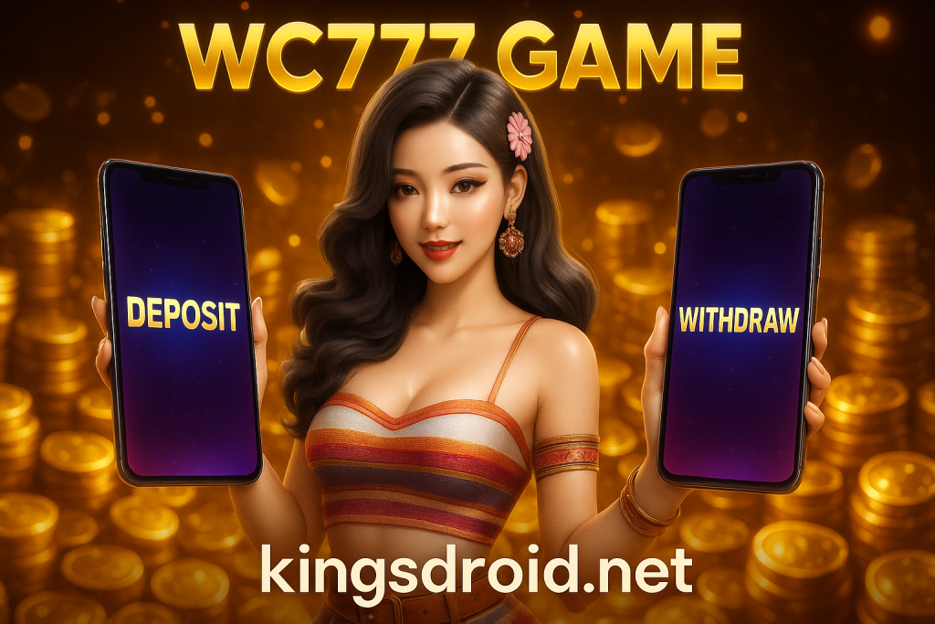 WC777 Game Deposit and Withdraw Banner Featuring Woman Holding Two Phones on KingsDroid.net