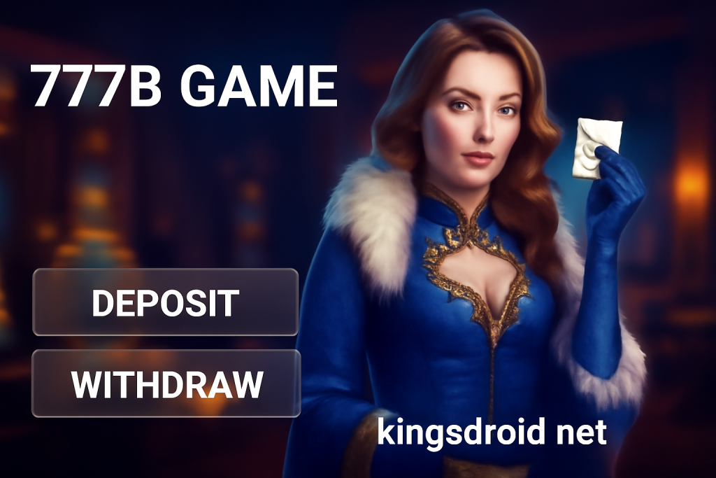 “777B Game deposit and withdraw promo banner featuring a female character holding a card in a fantasy-style gaming background – KingsDroid.net promotional graphic.”