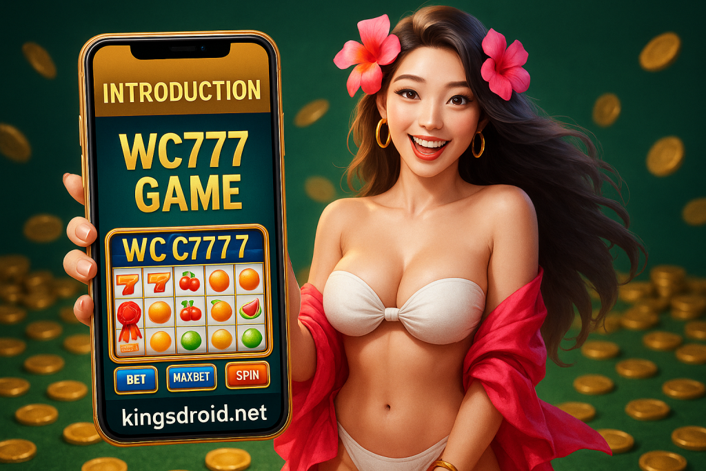 WC777 Game Introduction Promotional Image – Girl Holding Mobile Showing WC777 Slot Interface on KingsDroid.net