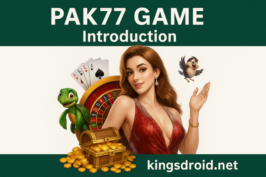 PAK77 Game introduction banner featuring a female character, game icons, and kingsdroid.net branding.