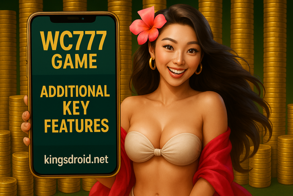 WC777 Game Additional Key Features Banner Showing Girl With Mobile Displaying KingsDroid.net