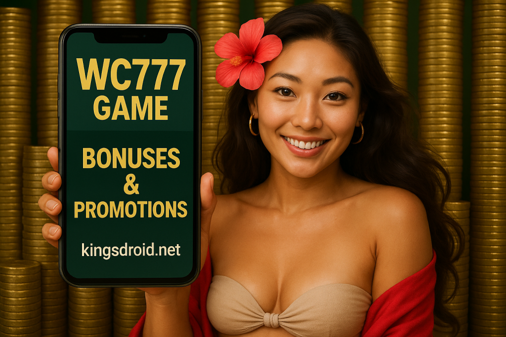 WC777 Game Bonuses and Promotions Banner with Woman Holding Mobile Showing KingsDroid.net