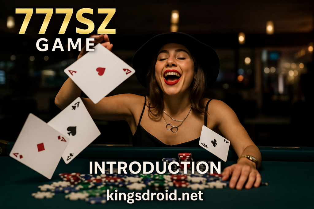 “A smiling woman sitting at a gaming table with cards flying in the air, representing the 777SZ Game introduction banner by kingsdroid.net.”