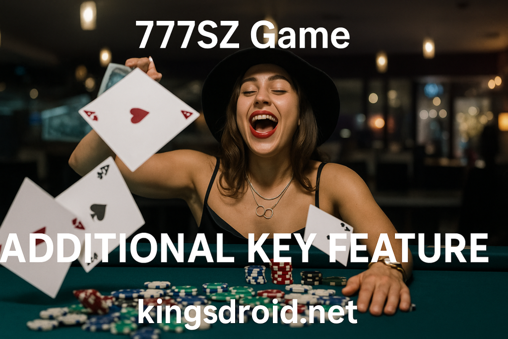 “A cheerful woman sitting at a gaming table with cards flying in the air, used as the 777SZ Game Additional Key Feature banner on kingsdroid.net.”