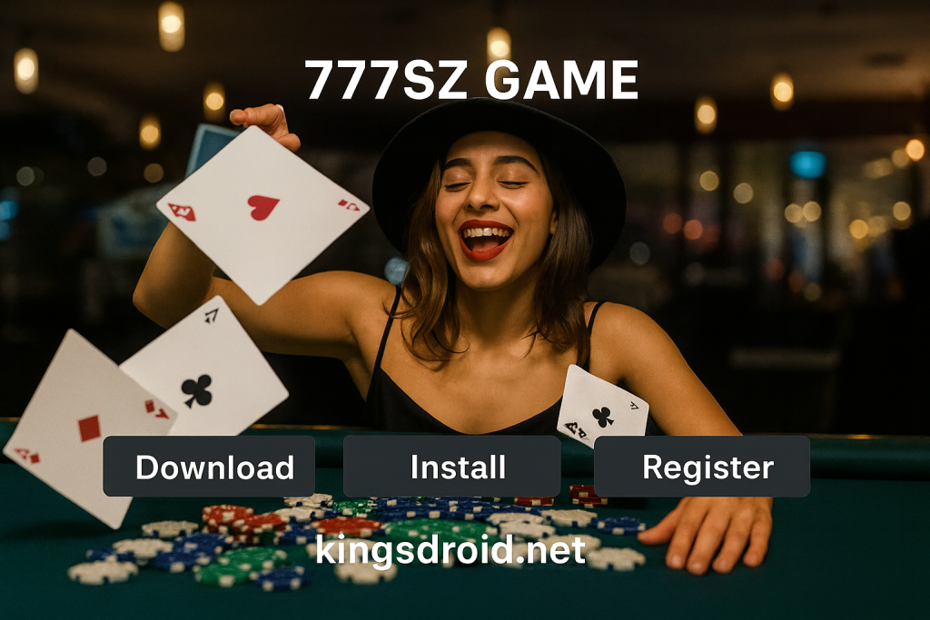 “A cheerful woman at a gaming table with cards flying around her, featured in the 777SZ Game Download, Install, and Register banner on kingsdroid.net.”