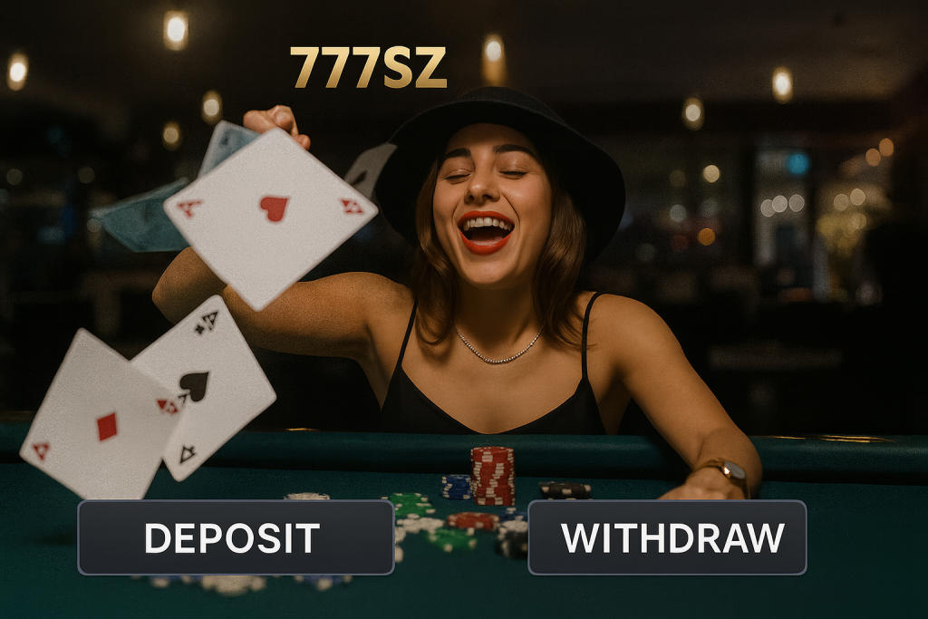 “A smiling woman at a gaming table with cards flying in the air, shown in the 777SZ Deposit and Withdraw banner on kingsdroid.net.”