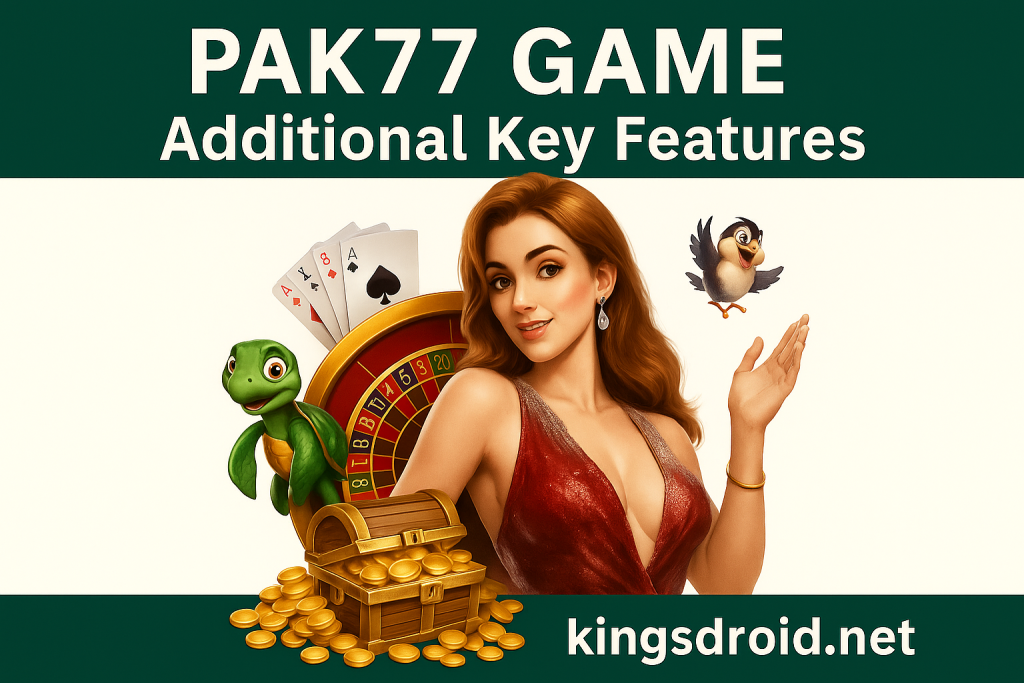 PAK77 Game Additional Key Features banner featuring main character, game icons, and kingsdroid.net branding.