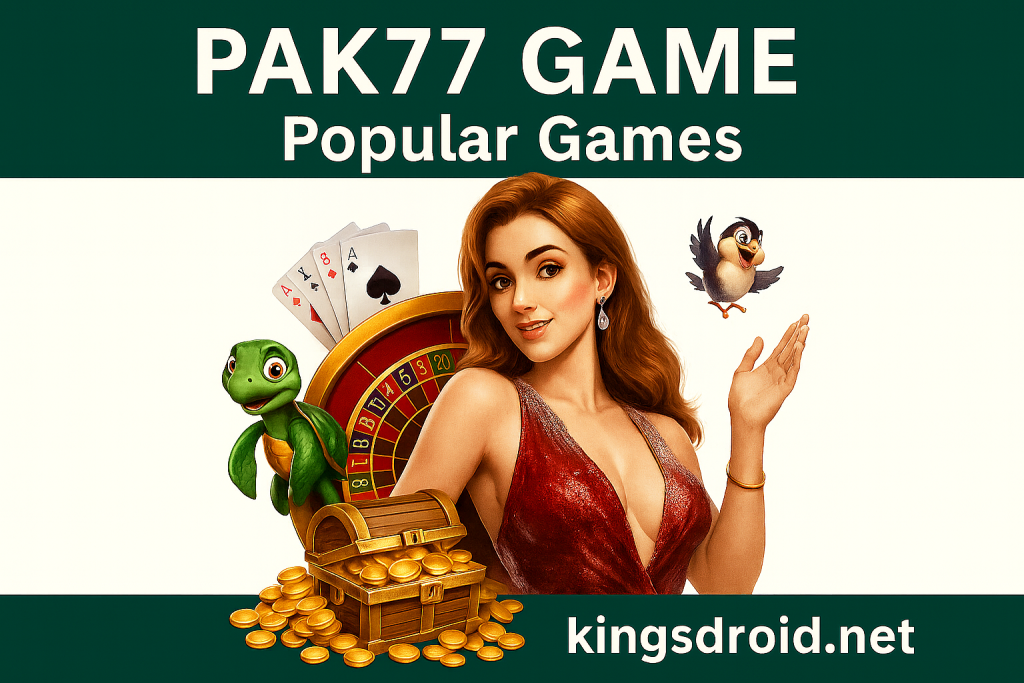 PAK77 Game Popular Games banner featuring illustrated female character, game icons, and kingsdroid.net branding.