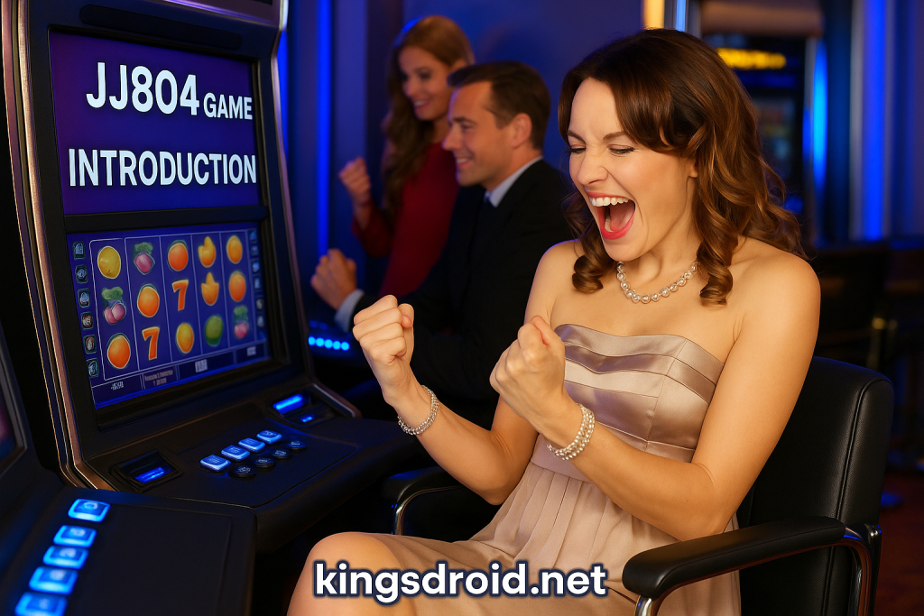 JJ804 Game Woman celebrating in front of a JJ804 game machine showing the introduction screen at kingsdroid.net.