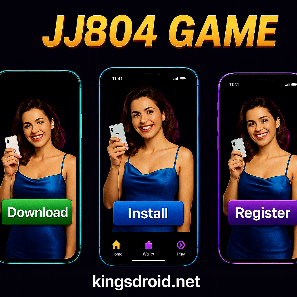 Animated woman shown on three smartphones displaying JJ804 Game download, install and register steps with kingsdroid.net branding.