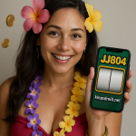 Smiling woman wearing colorful flowers and a lei holding a phone with the JJ804 screen and kingsdroid.net branding.