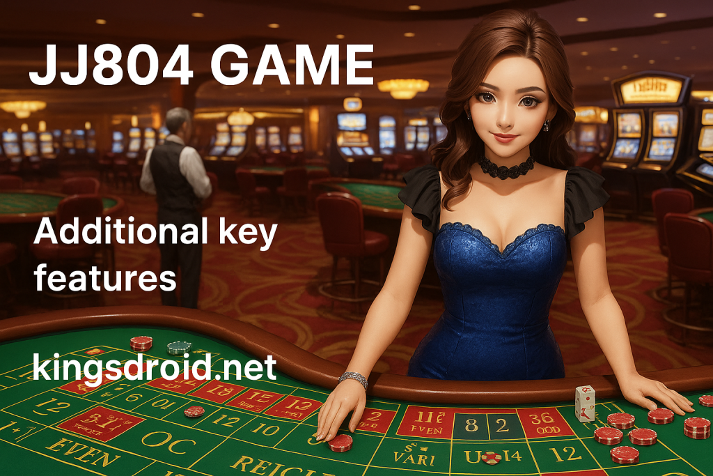 Animated female character standing at a gaming table in a casino environment with “JJ804 Game Additional Key Features” text and kingsdroid.net branding.