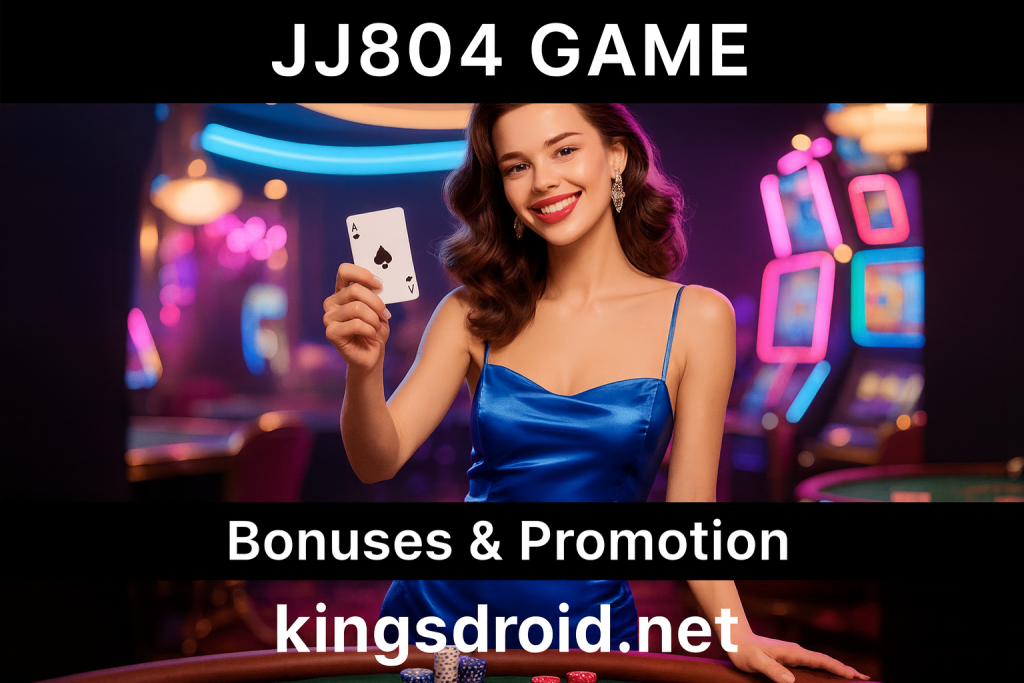 Woman holding an ace of spades card in a neon-lit casino environment with “JJ804 Game Bonuses & Promotion” and kingsdroid.net branding.