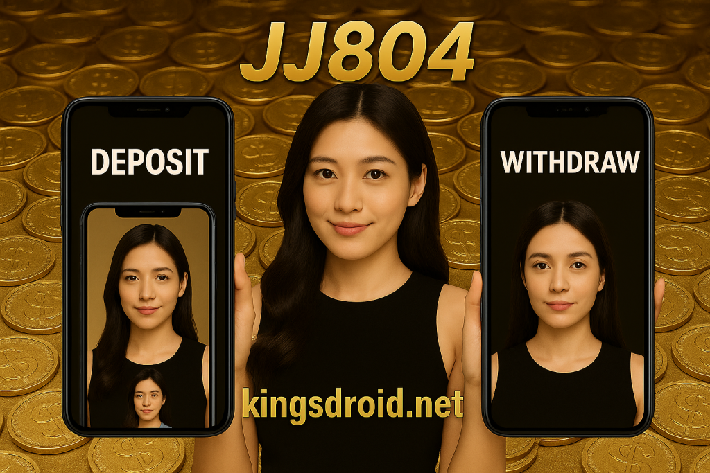 Woman holding two smartphones showing JJ804 deposit and withdraw screens over a gold coin background with kingsdroid.net branding.